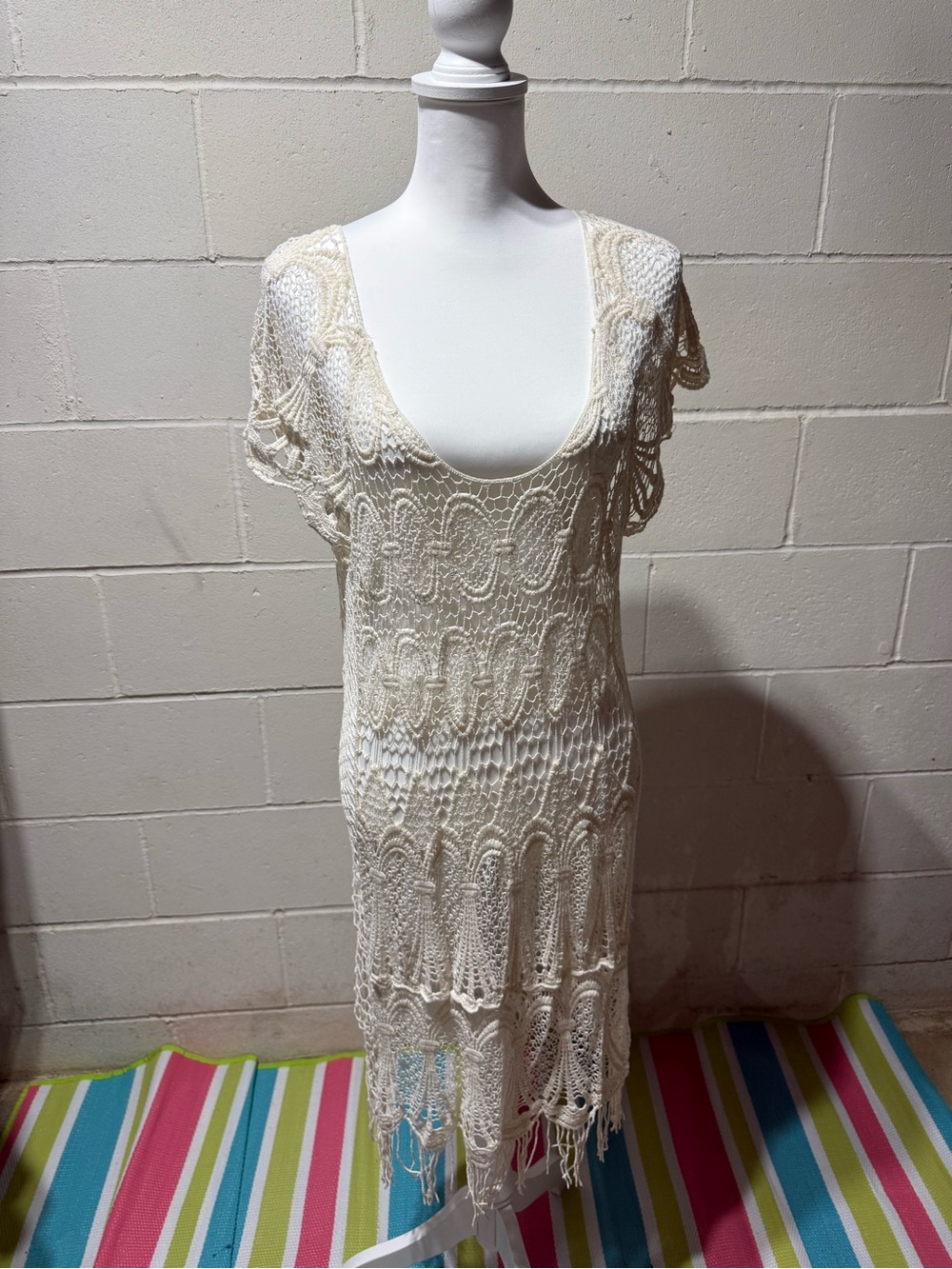 blue island Cream Crochet Fringe Swim Cover-Up